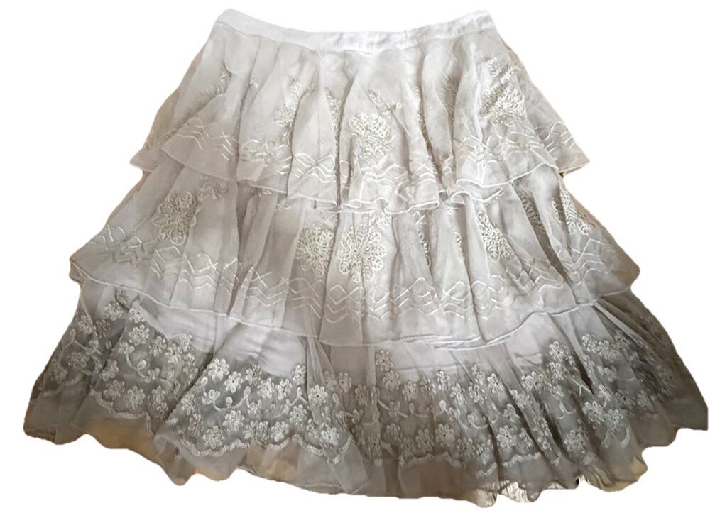 CHAN LUU Women’s Taupe Three Tiered Lace Midi Skirt Hand Made in India Medium